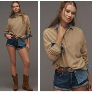 ANTHROPOLOGIE x PILCRO Alani Cashmere Sweater Sand Dollar Tan Sz 2X $148 {EE3}
